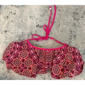 Jessica simpson Paisley Ruffle Halter Bikini Top  Swimwear Magenta Yellow Boho M